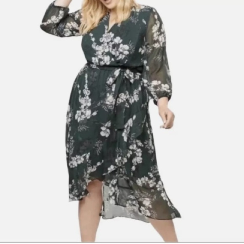 Lane Bryant Green White Floral Print Faux Wrap High Low Chiffon Plus Dress 28*